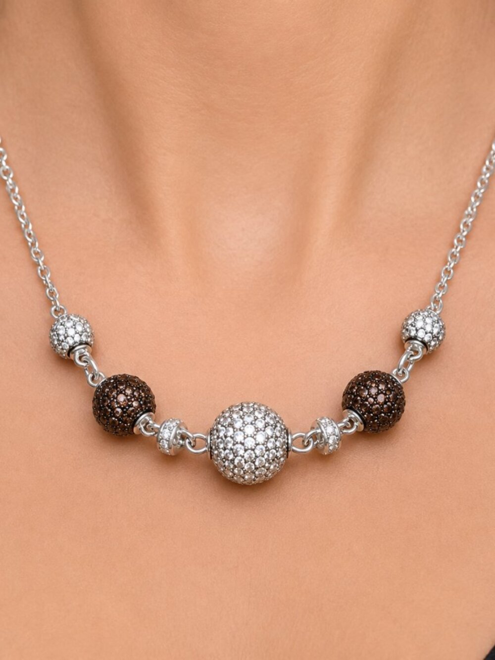 Judith Ripka Sterling Silver White & Brown Pave CZ Stones Ball Chain Necklace - Picture 3 of 7